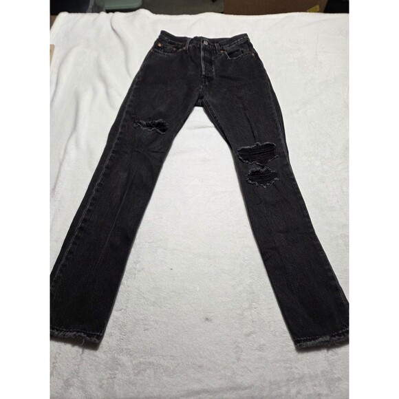 Levis Premium 501 Original Fit Jeans Womens 26x29 Black Button Fly Distressed - Picture 1 of 13